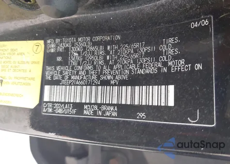 2006 Toyota Highlander Limited V6 from USA, damaged, VIN JTEEP21A660171294